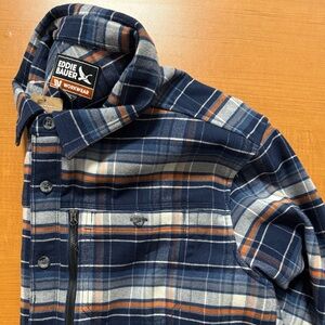 Eddie Bauer Navy and Tan Plaid Chopper Overshirt XL
